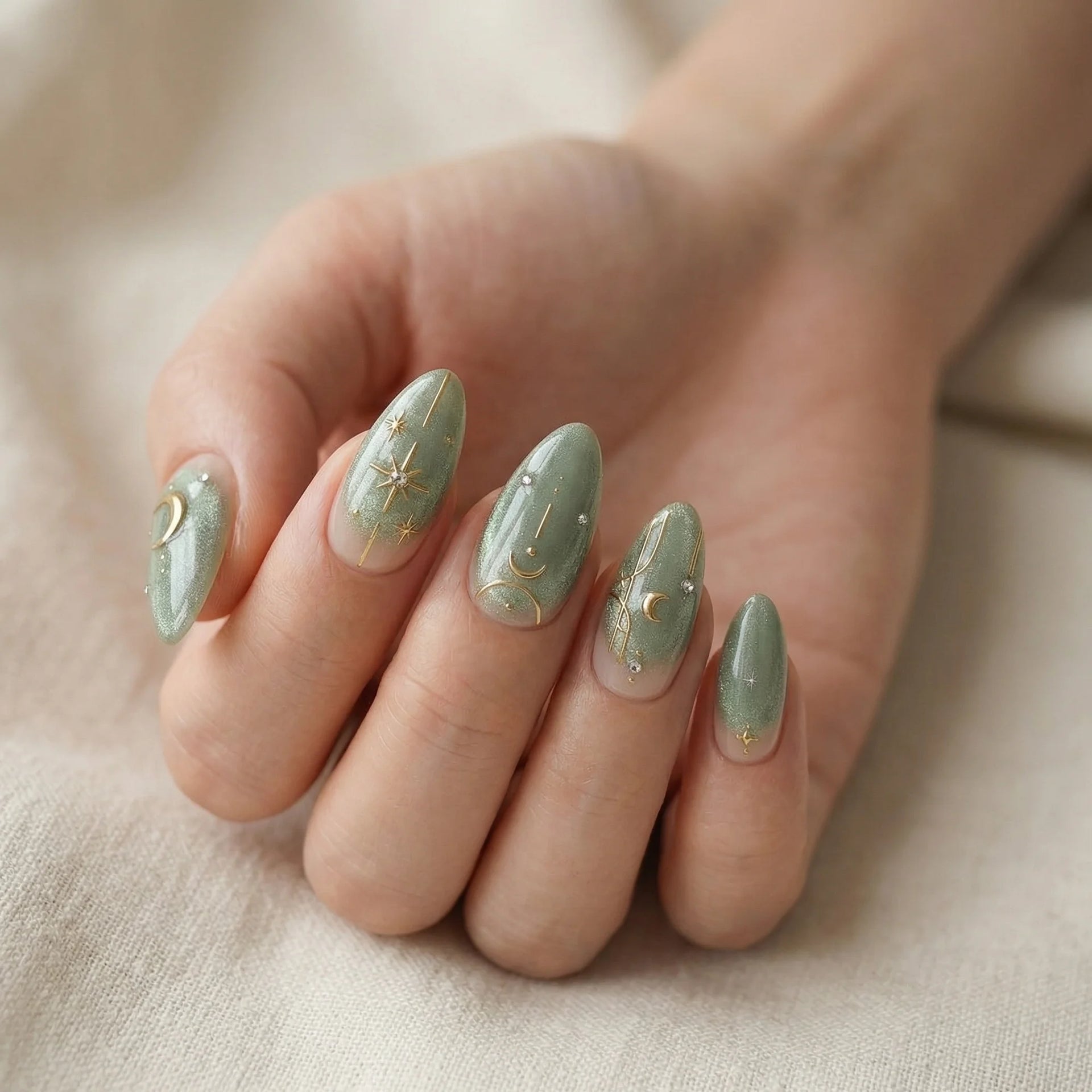 Celestial Sage Green Shimmer Nails Celestial Sage Green Shimmer Nails — Sage Green Nails