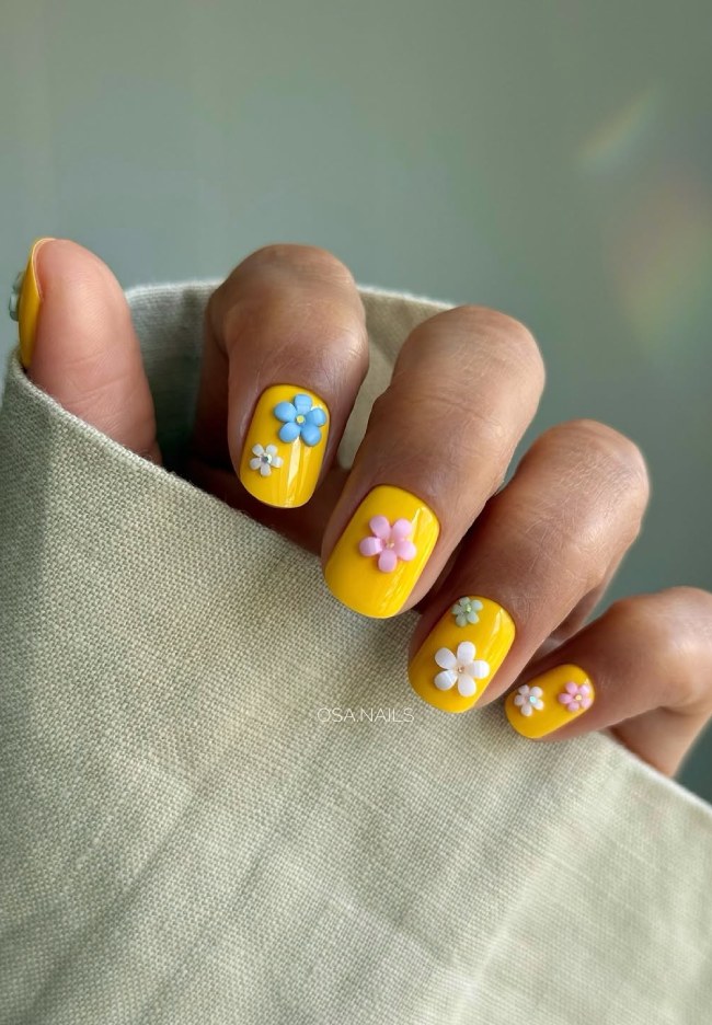 Short Square Yellow with Pastel 3D Flowers — 3D Nails