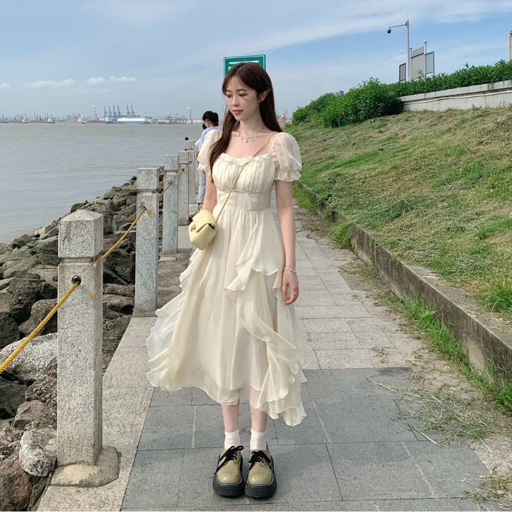 Cream Chiffon Dress with Ruffled Layers and Platform Loafers — Fairycore Outfits