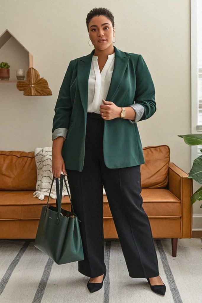 Dark Green Blazer with White Shirt and Black Trousers for Professional Polish Dark Green Blazer with White Shirt and Black Trousers for Professional Polish — Casual Work Outfits