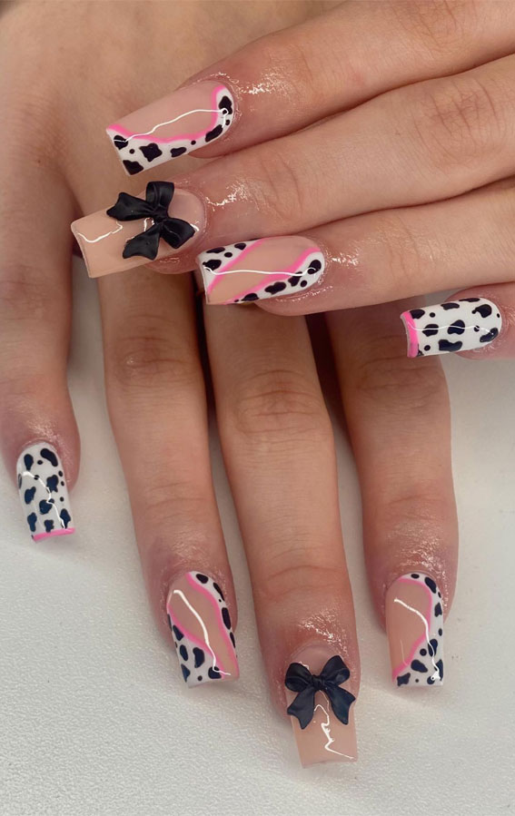 Nude Base Cow Print with Bows Nude Base Cow Print with Bows — Cow Print Nails