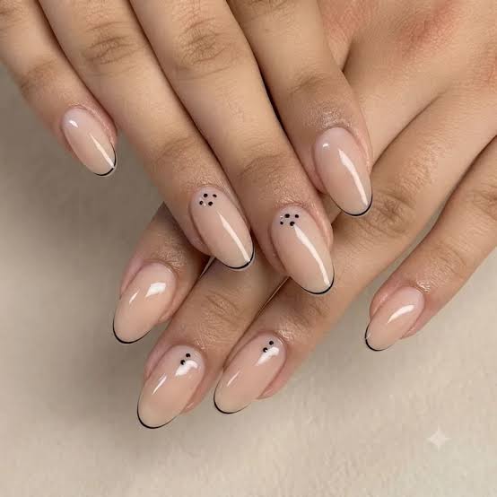 Sheer Nude Almonds Black French Tips and Dots — Minimalist Nails