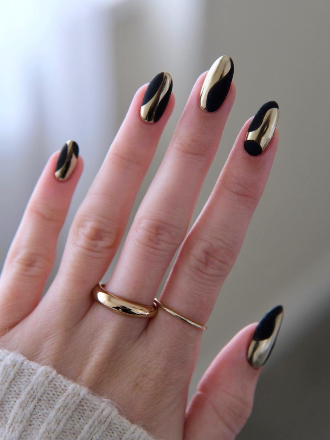 Abstract Matte Black and Metallic Gold — Black and Gold Nails