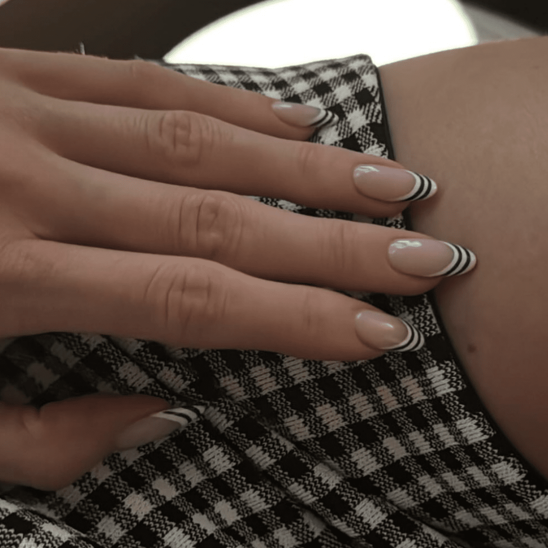 Striped Black & White Almond French Nails — Almond French Tip Nails