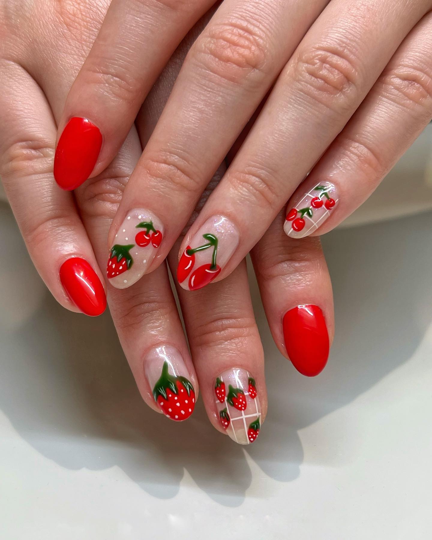 Medium Oval Red With Polka Dots And Fruit Medium Oval Red With Polka Dots And Fruit — Cherry Nails