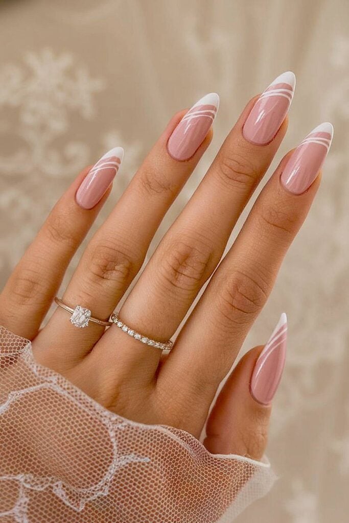 Medium Almond Dusty Rose with White Lines — Wedding Nails