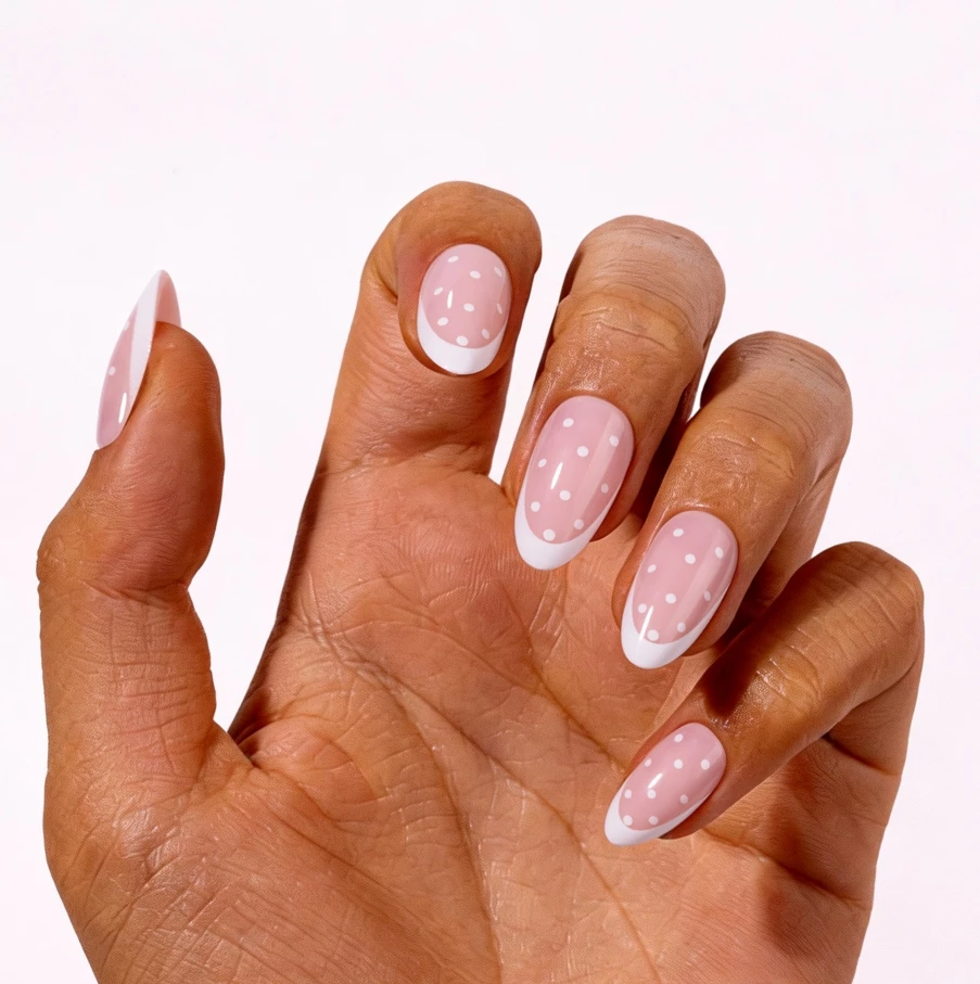 Pale Pink Polka Dot French Tip Oval Nails Pale Pink Polka Dot French Tip Oval Nails