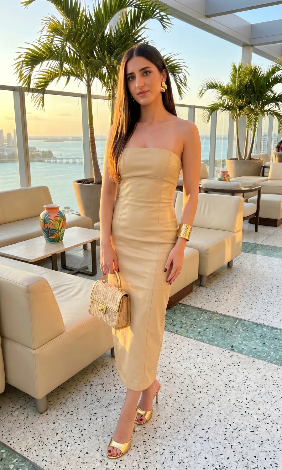 Pale Beige Strapless Midi Dress for Resort Evenings Pale Beige Strapless Midi Dress for Resort Evenings — Miami Outfits