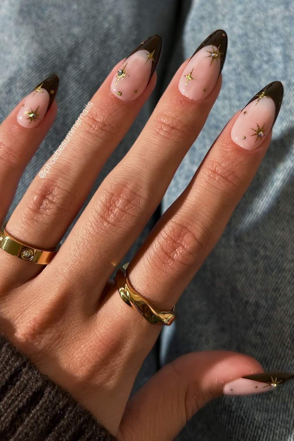 Festive Gold Accents on Brown French Tips — Brown French Tip Nails