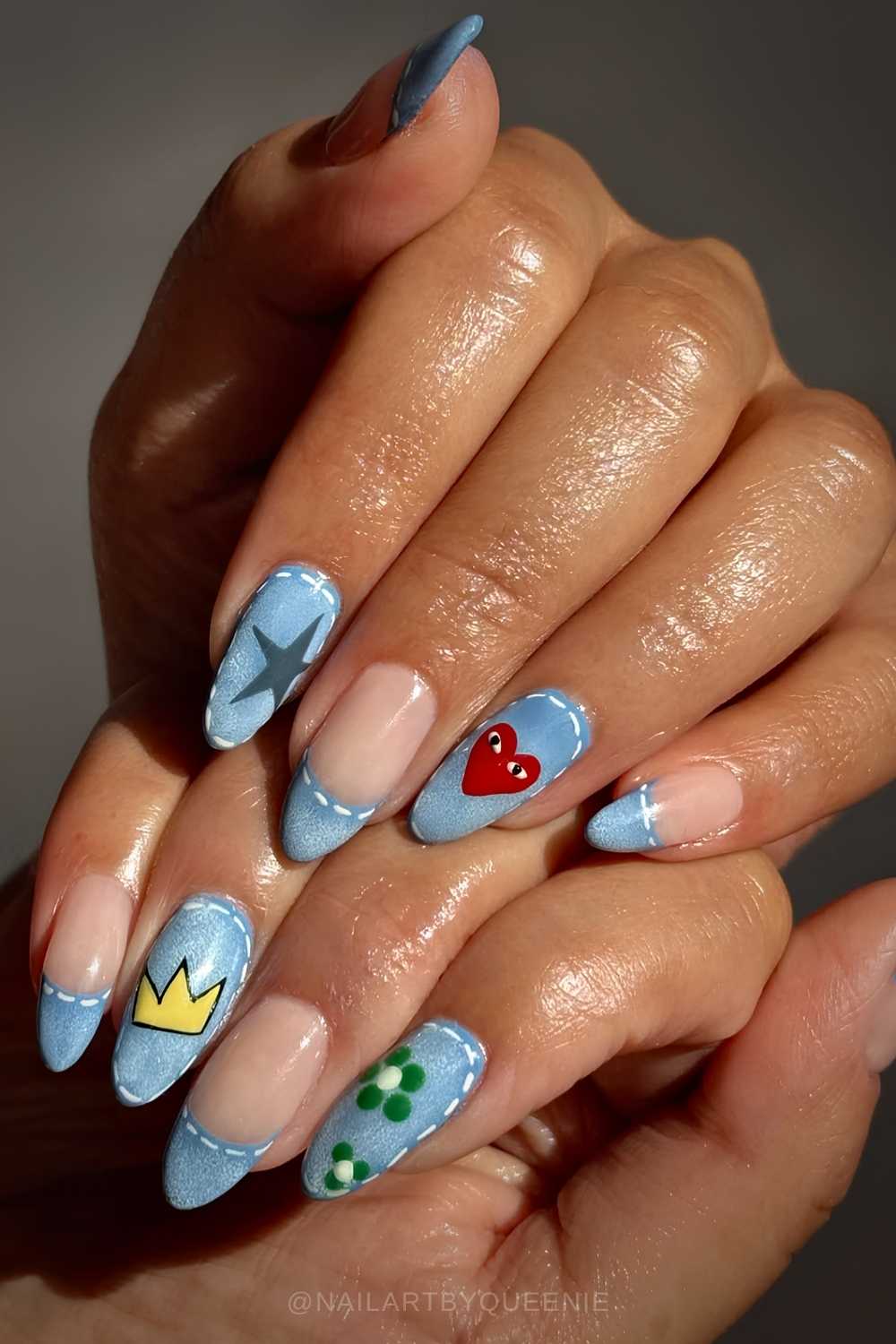 Denim Texture Cartoon Almonds Denim Texture Cartoon Almonds — Y2K Nails