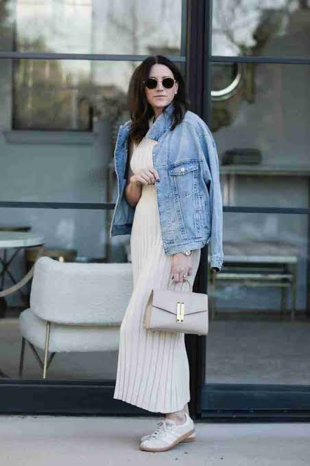 Denim Jacket Over Ribbed Knit Dress with Sneakers — Brunch Outfits