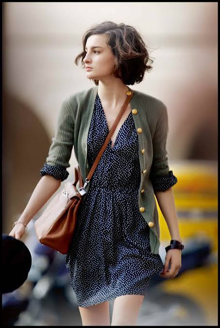 Smart Casual Polish: Polka Dot Dress with Olive Cardigan — French Girl Outfits