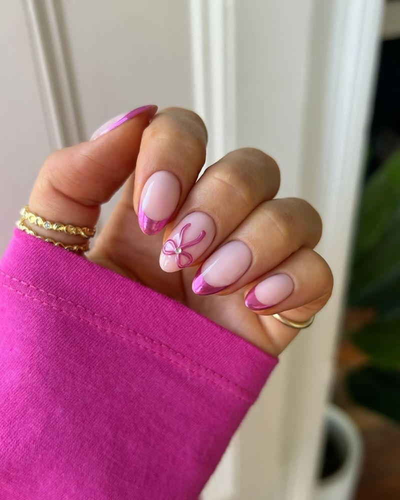 Pink Chrome French Bow Nails Pink Chrome French Bow Nails