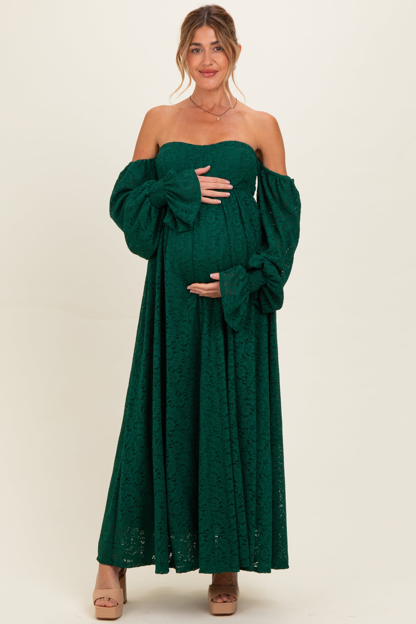 Off-The-Shoulder Lace Gown Outfit Idea — Maternity Photoshoot Outfits