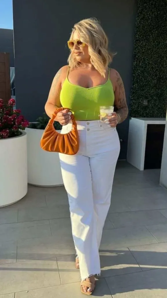 Vibrant Vegas Daytime Chic: Lime Green Knit and Wide-Leg Jeans — Vegas Outfits