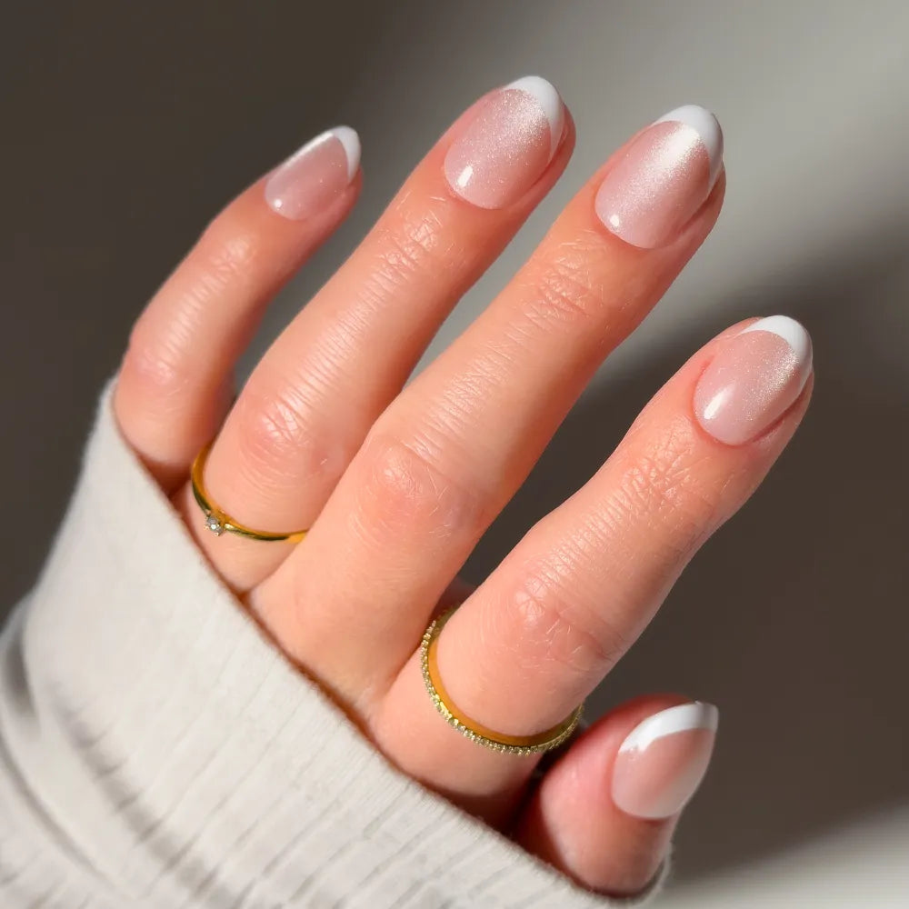 Glossy With Subtle Shimmer Subtle Shimmer French Tips — Short Oval Nails