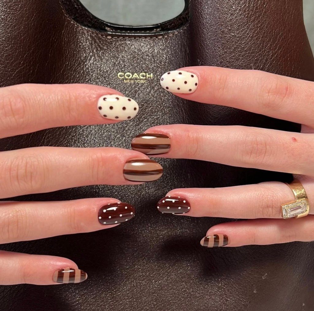 Cream Brown Polka Dot Stripe Nails — Nails for Teens