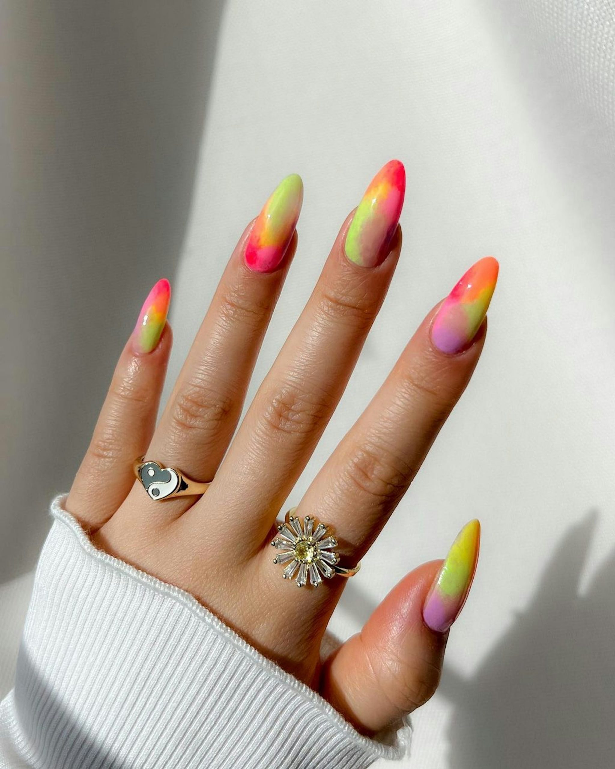 Neon Pink to Green Gradient Almonds — Neon Nails