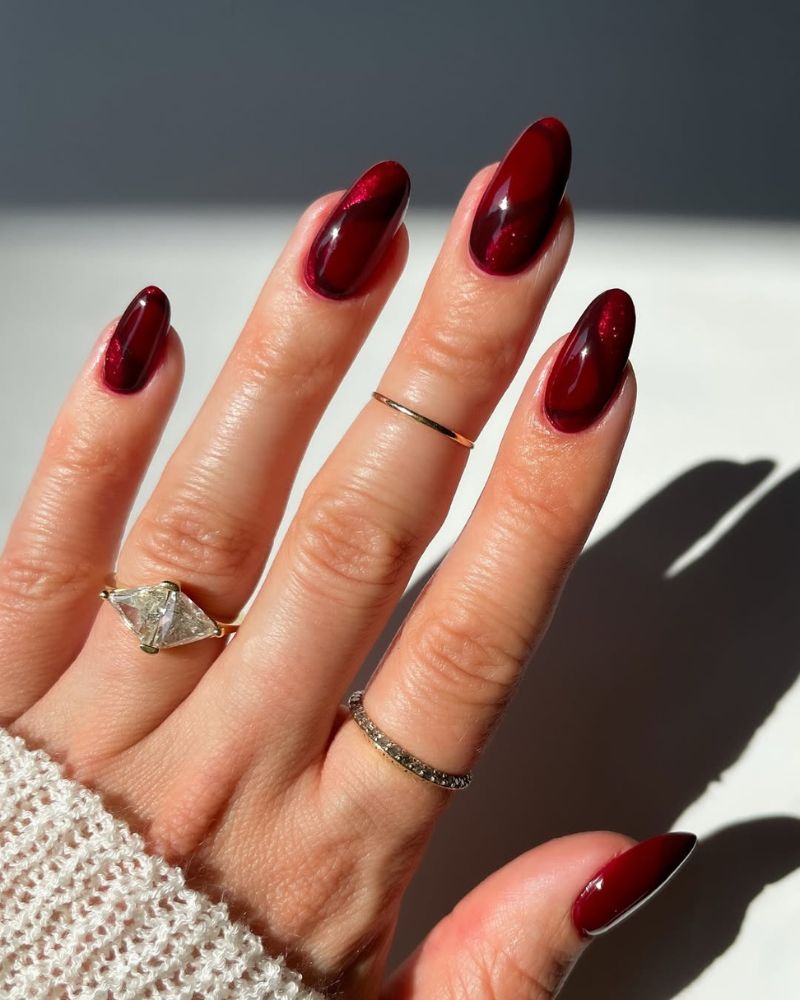 Dramatic Dark Red to Black Ombre Almond Nails — Dark Red Nails