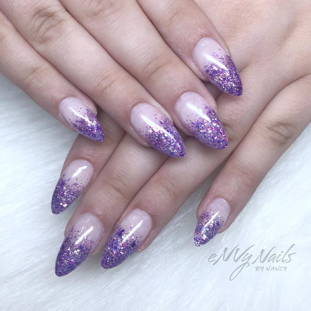 Glitter Muted Purple Dark Dots Glossy Medium Almond Nails Glitter Muted Purple Dark Dots Glossy Medium Almond Nails — Purple Nails