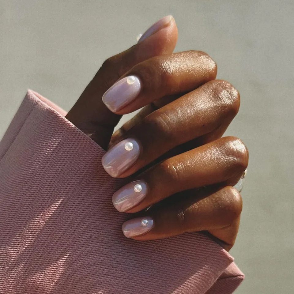 Pearlescent Pink With Single Pearl — Wedding Guest Nails