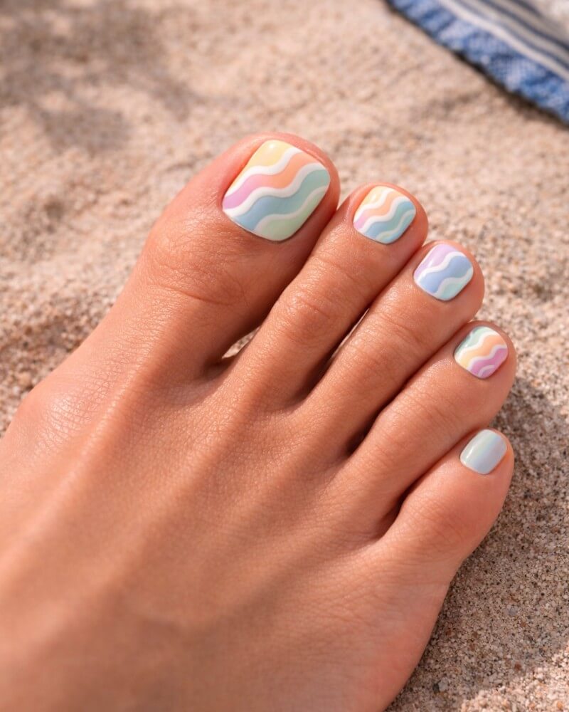 Pastel Wavy Line Art Square Toenails Pastel Wavy Line Art Square Toenails — Toe Nails