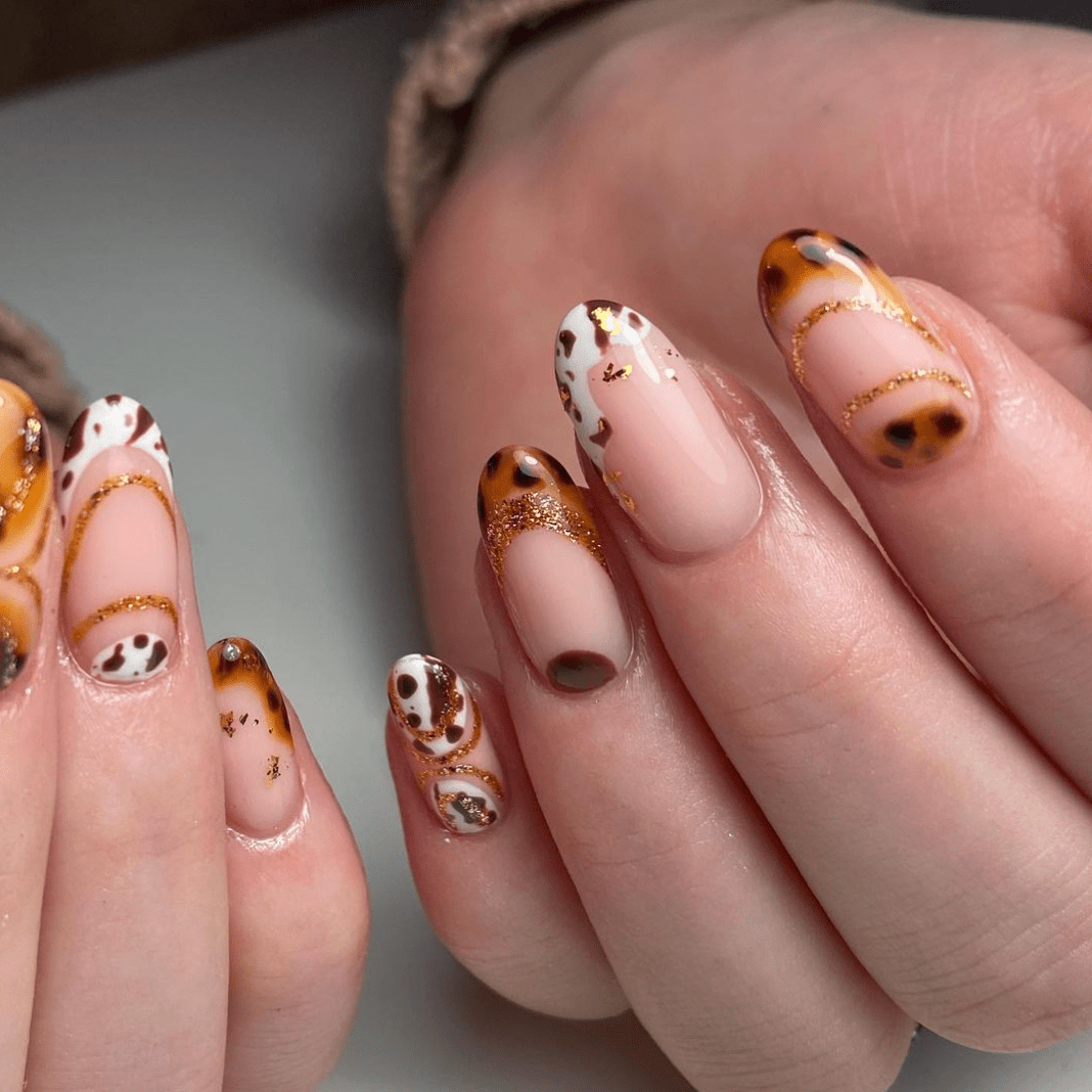 Animal Print Gold Foil Almond Nails — Gel X Nails