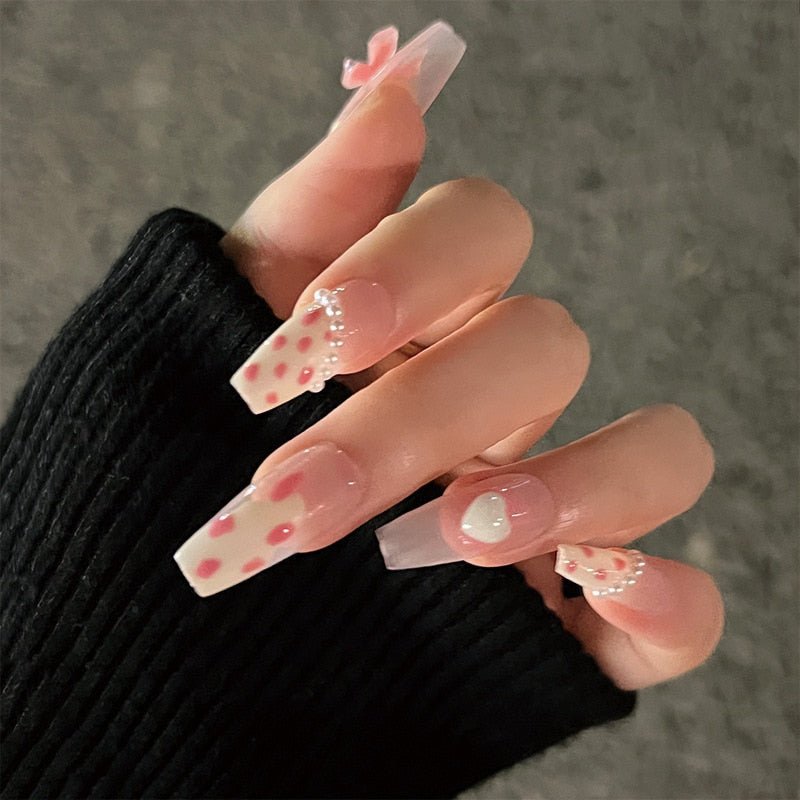 Long Coffin Pink Polka Dot Charm Nails Long Coffin Pink Polka Dot Charm Nails — Kawaii Nails