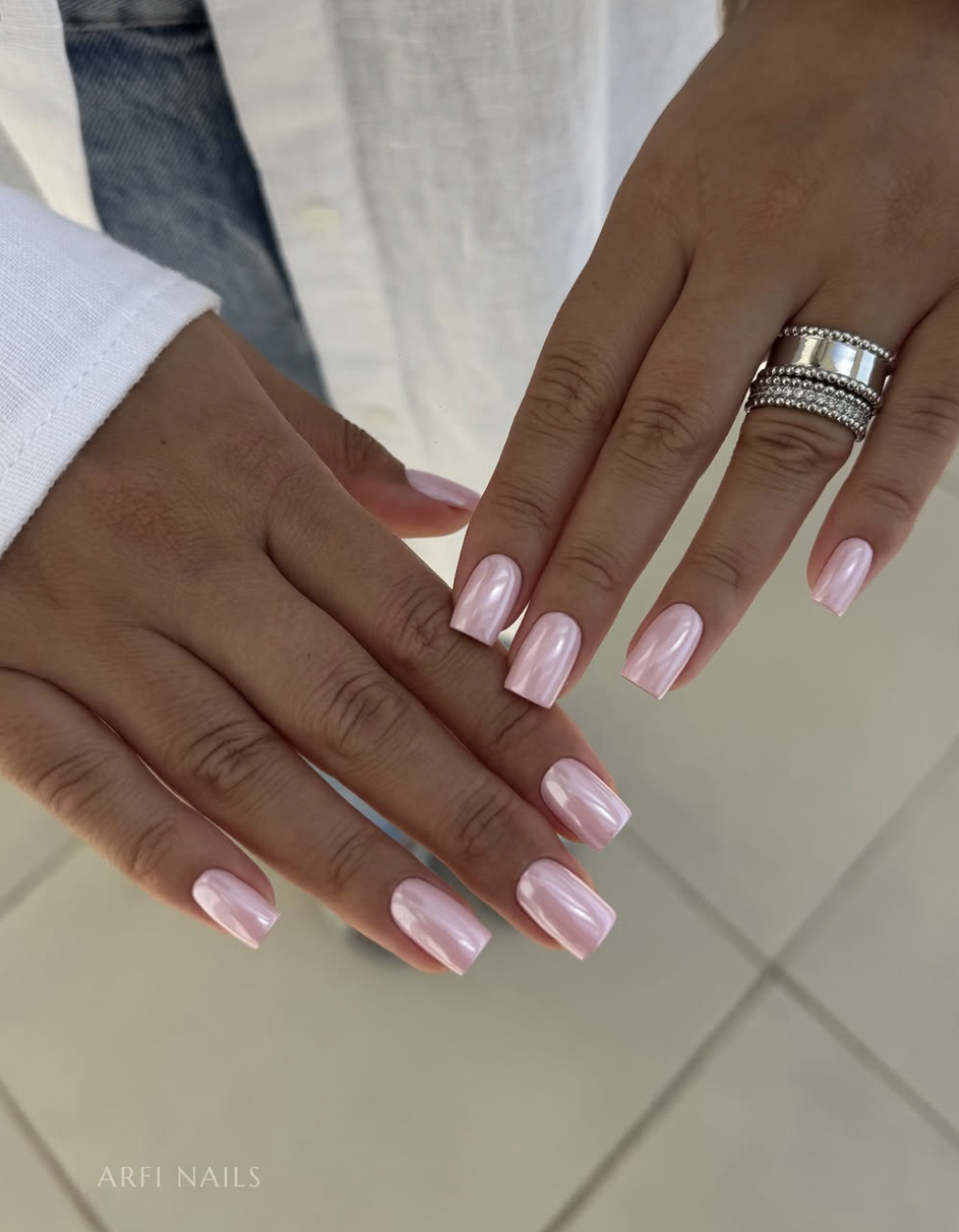 Light Pink Iridescent Chrome Square Light Pink Iridescent Chrome Square — Pink Chrome Nails