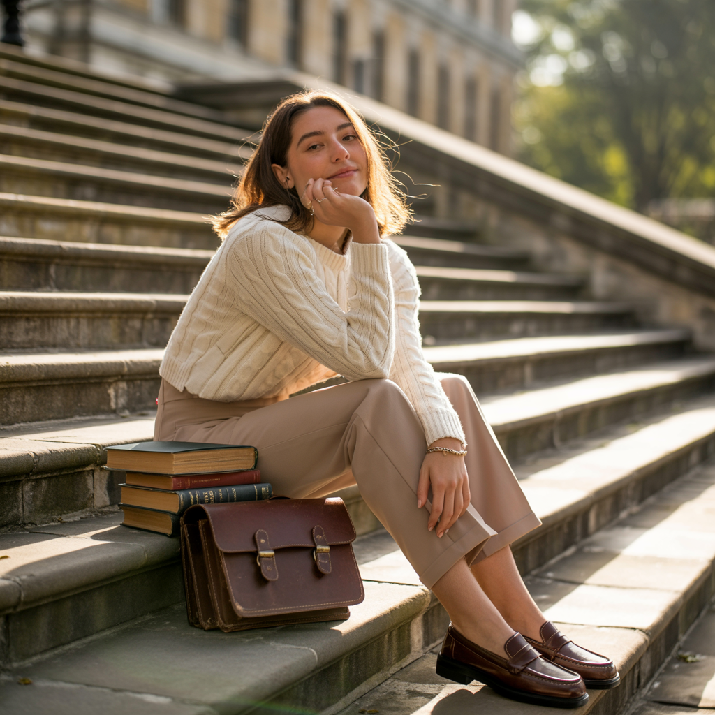 Cozy Cream Cable-Knit Sweater with Wide-Leg Trousers — Light Academia Outfits