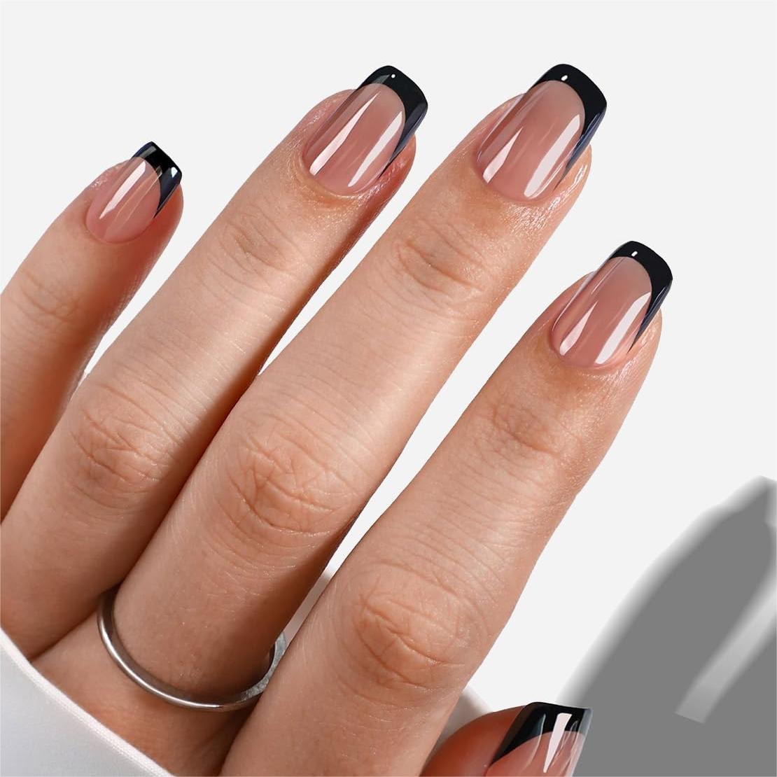 Bold Black French Square Nails — Medium Nails