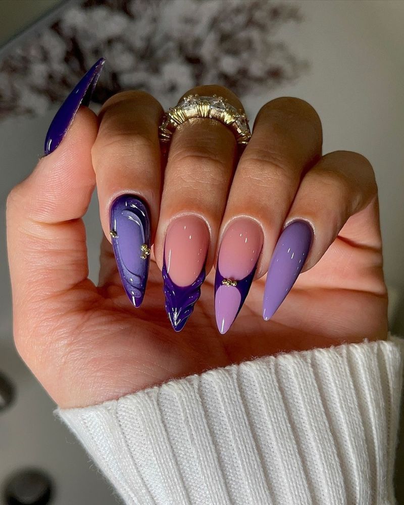 Dark Purple French Tips with Gold Studs Dark Purple French Tips with Gold Studs — Dark Purple Nails
