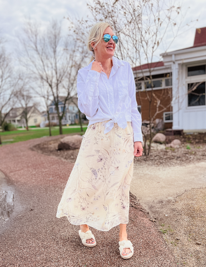 White Shirt with Floral Maxi Skirt White Shirt with Floral Maxi Skirt — Coastal Grandmother Outfits