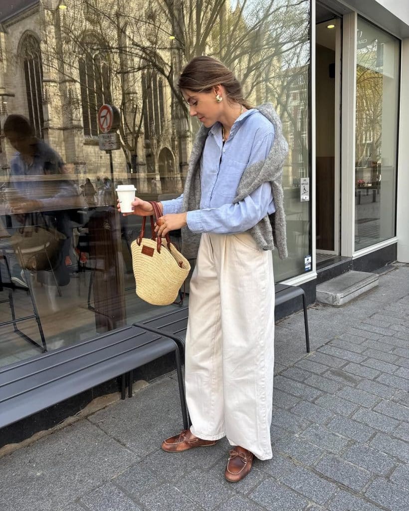 Light Blue Shirt with Beige Trousers and Draped Grey Cardigan — Minimalist Outfits