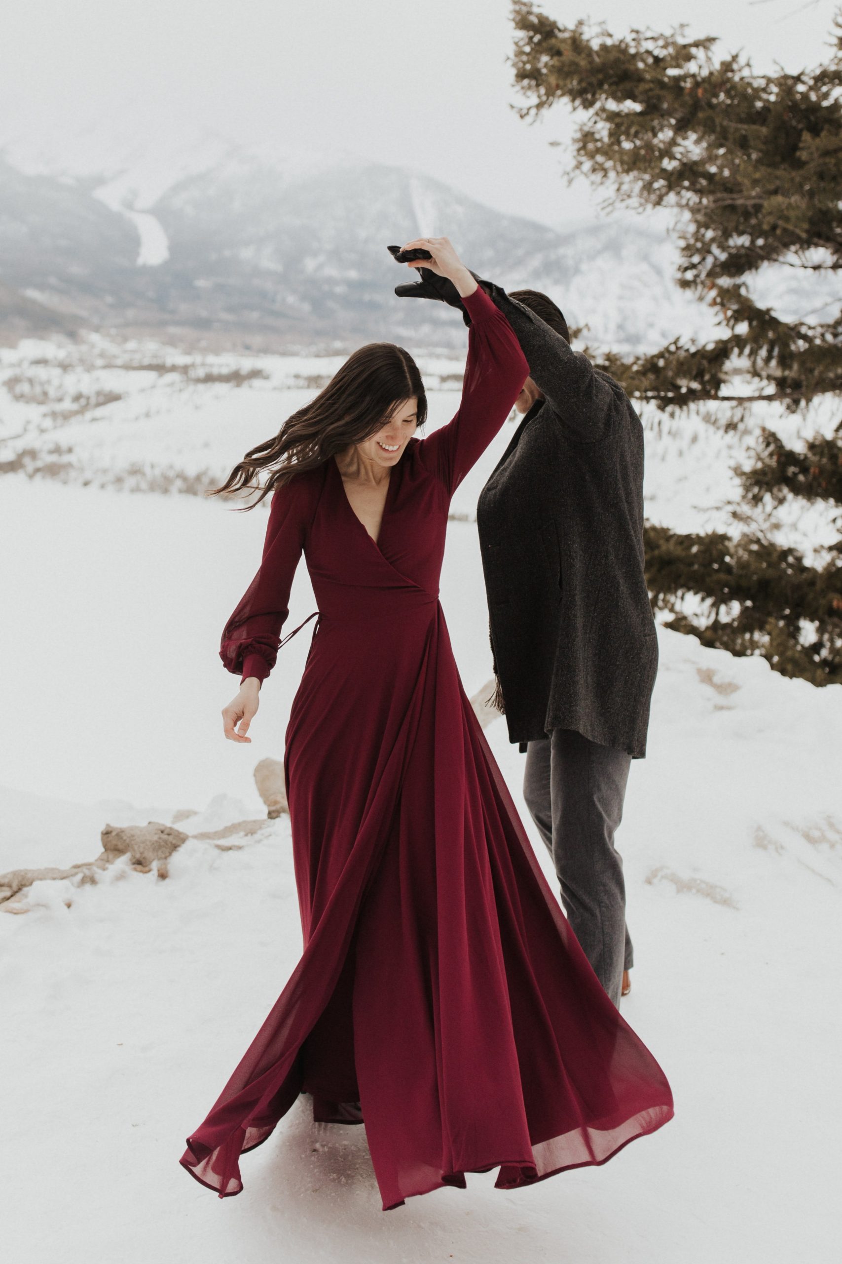 Winter Wonderland Engagement: Burgundy Wrap Dress Winter Wonderland Engagement: Burgundy Wrap Dress — Engagement Photo Outfits