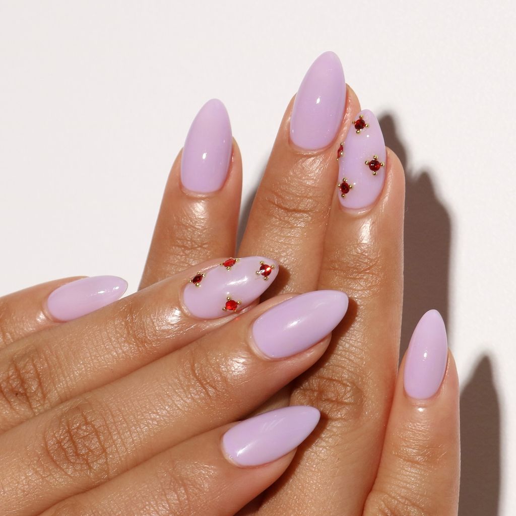 Medium Stiletto Lavender With Red Rhinestones Medium Stiletto Lavender With Red Rhinestones — Lavender Nails