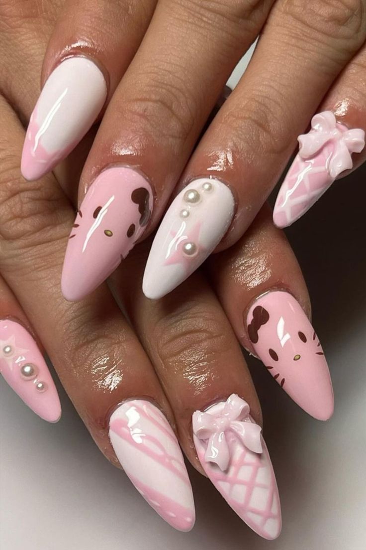 Soft Pink Hello Kitty Almonds with Pearls — Hello Kitty Nails