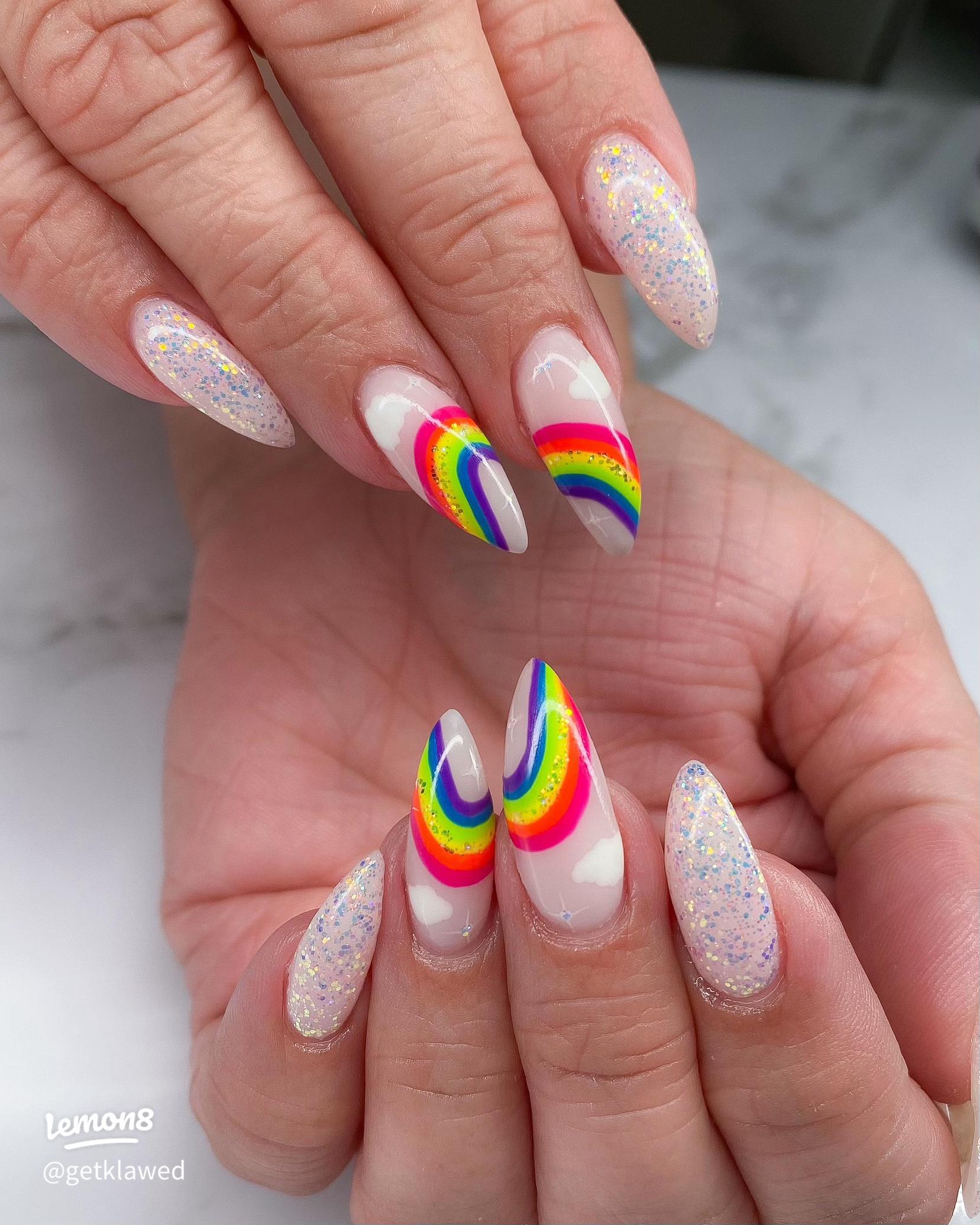 Rainbow Arcs and Cloud Glitter Almonds — Rainbow Nails