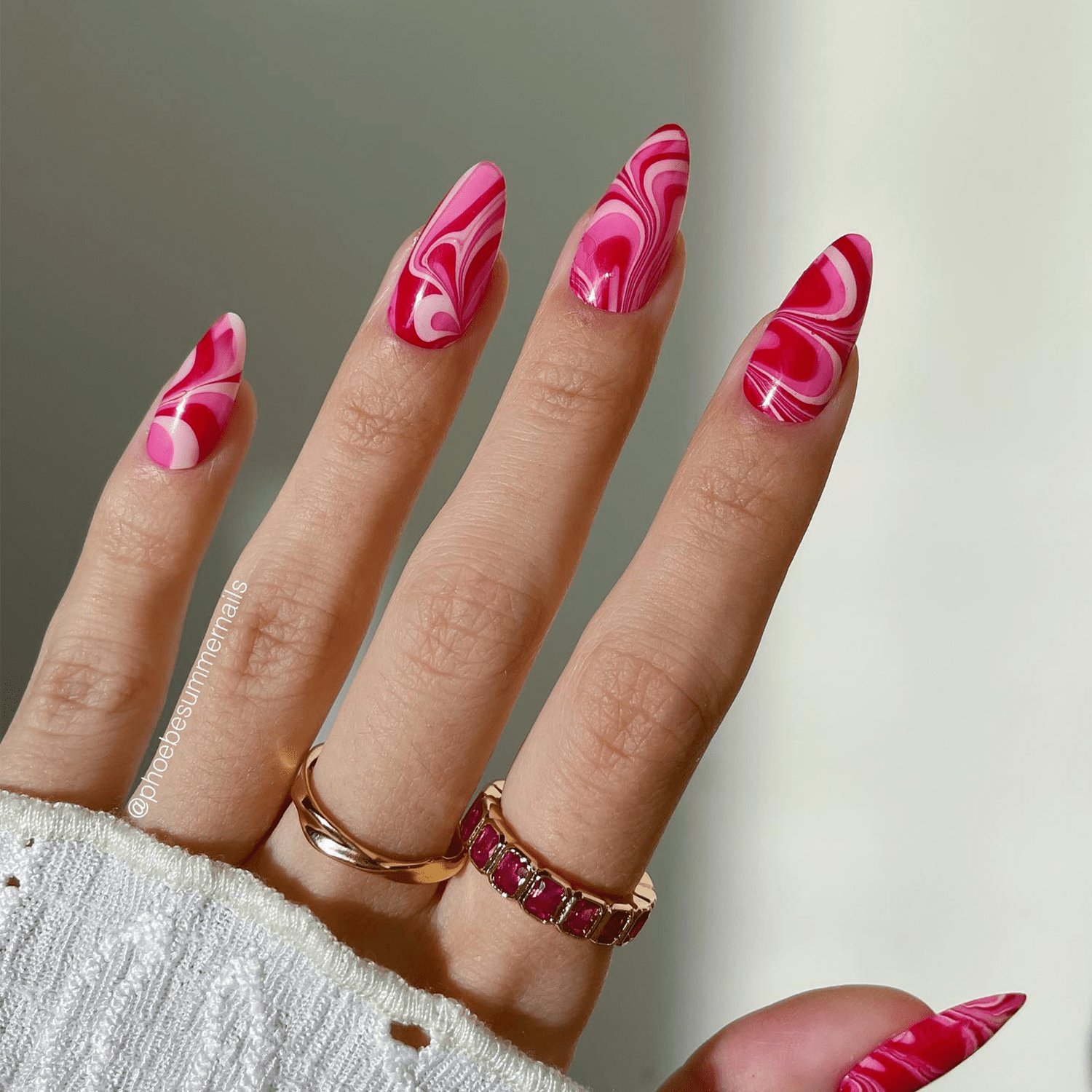 Vibrant Pink and White Swirl Almonds — Pink Nails