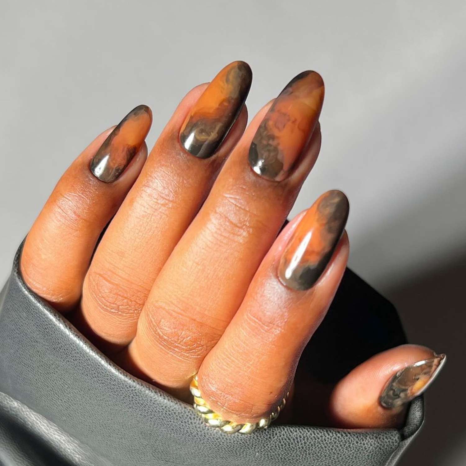 Vibrant Orange and Brown Long Almond Marble Vibrant Orange and Brown Long Almond Marble — Marble Nails