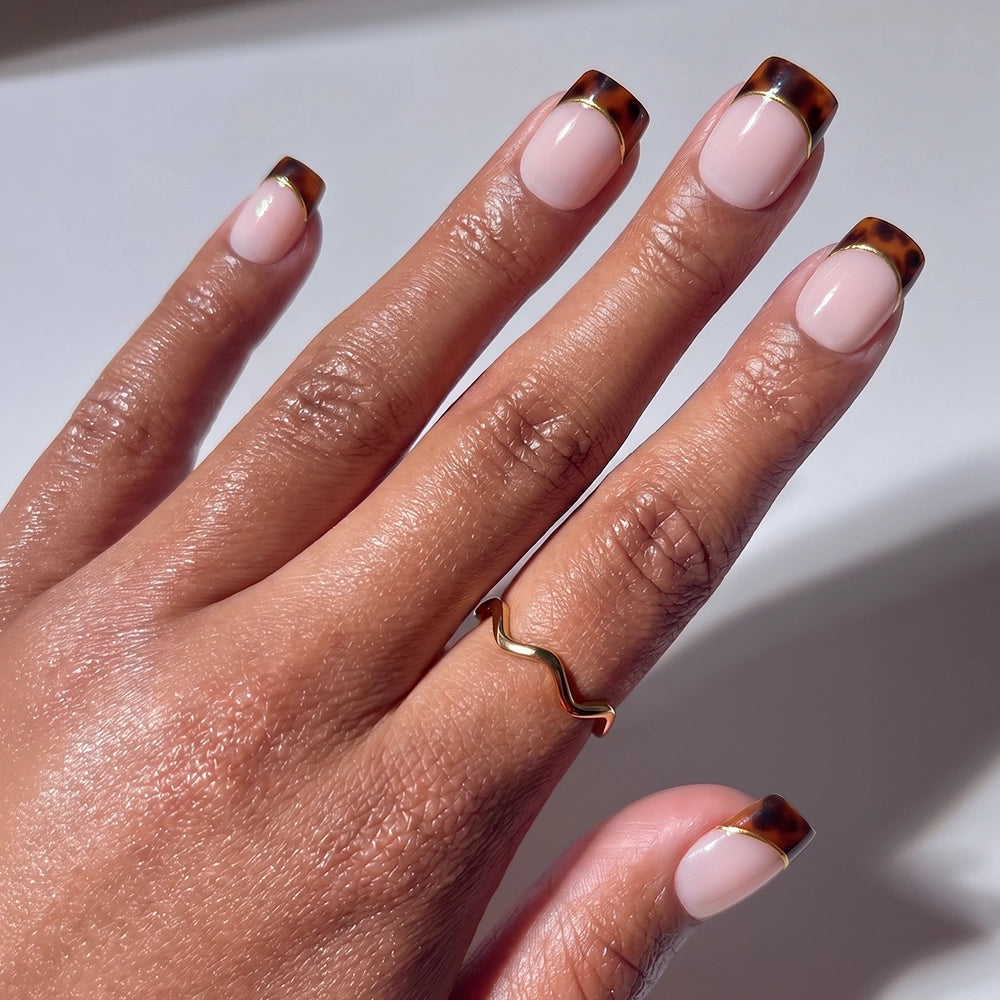 Glossy Tortoiseshell Square Tips — Brown French Tip Nails