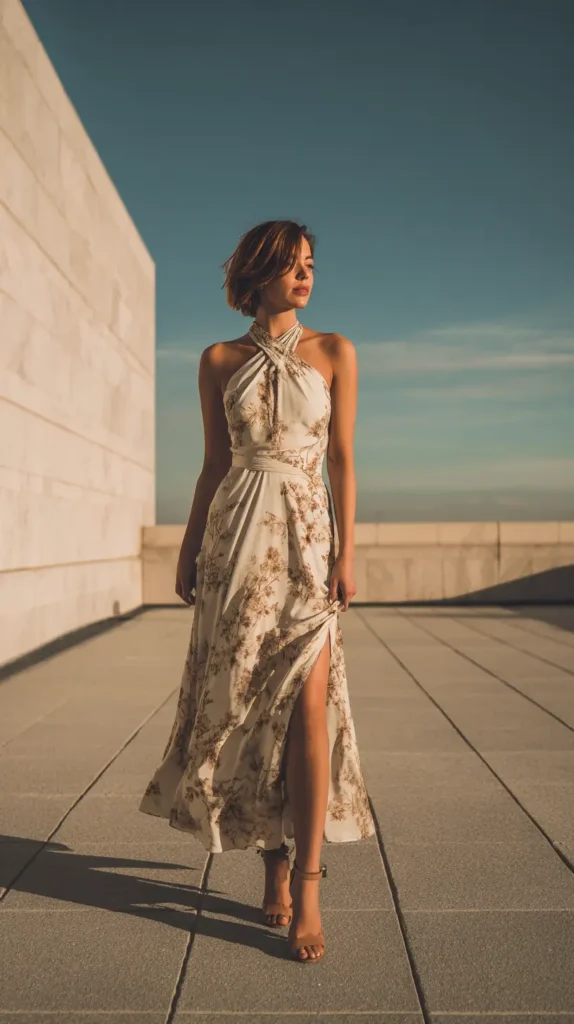 Cream Halter Neck Maxi Dress with Floral Print for Garden Parties — Tea Party Outfits