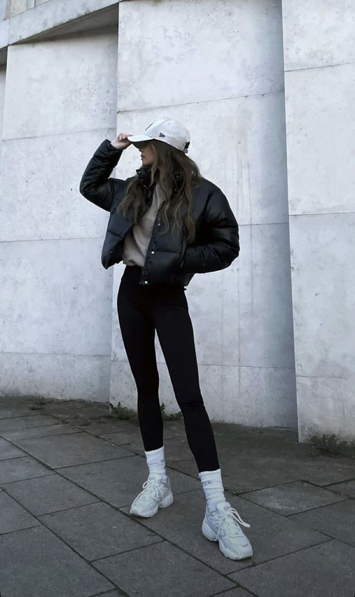 Beige Top, Black Puffer Jacket, and White Sneakers — Comfy Outfits