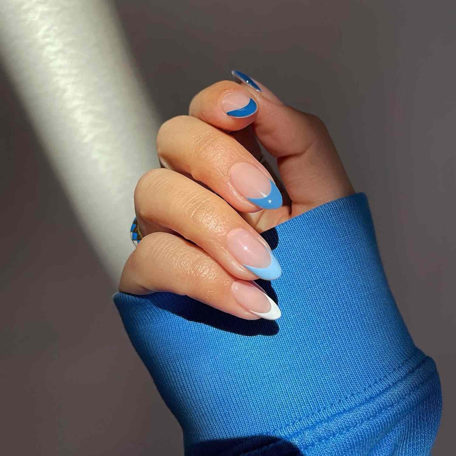 Blue French Tips Half-Moon Accent Visual Idea — French Tip Nails