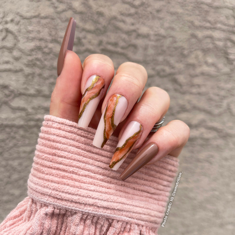 Chic Pink and Beige Marble Coffin Nails — Long Nails