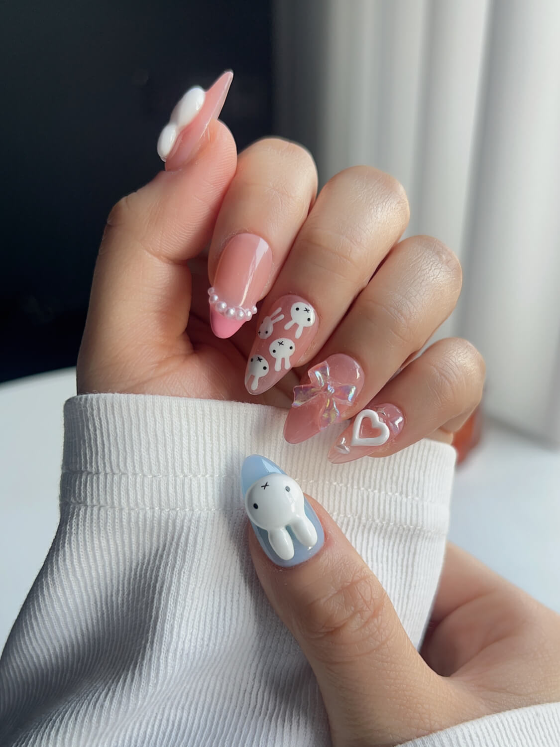 3D Bunny Pearl Almond Coffin Nails 3D Bunny Pearl Almond Coffin Nails — Kawaii Nails