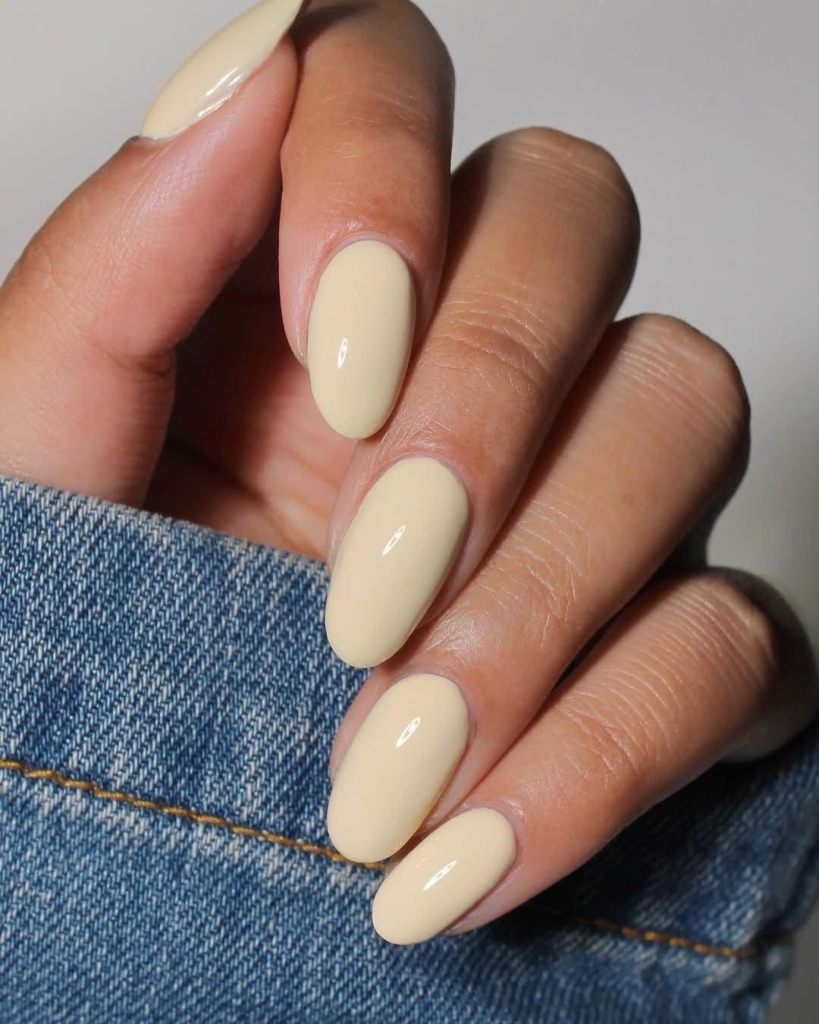 Pale Yellow Opaque Glossy Oval Nails Pale Yellow Opaque Glossy Oval Nails — Nails for Tan Skin