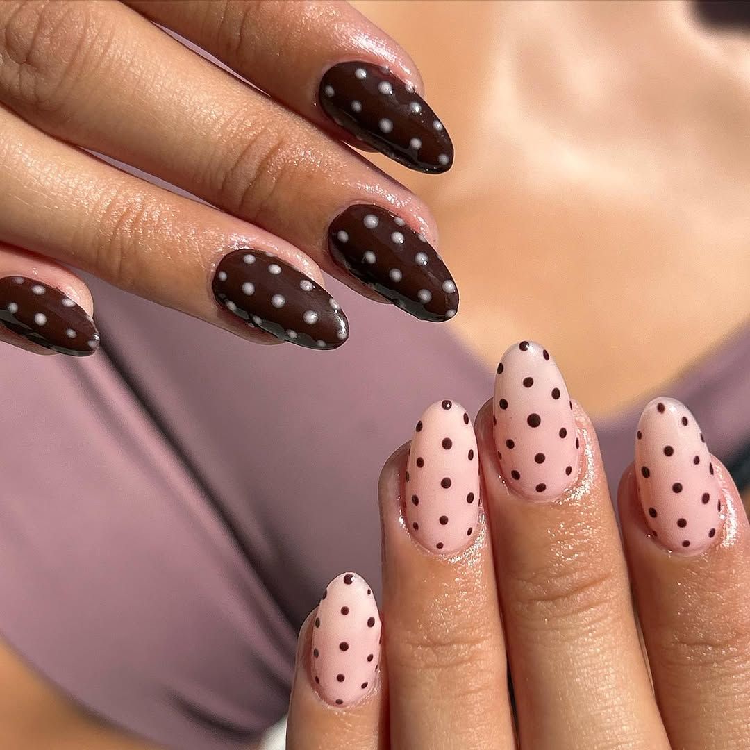 Oval with Brown Polka Dots on Contrasting Bases — Nail Designs