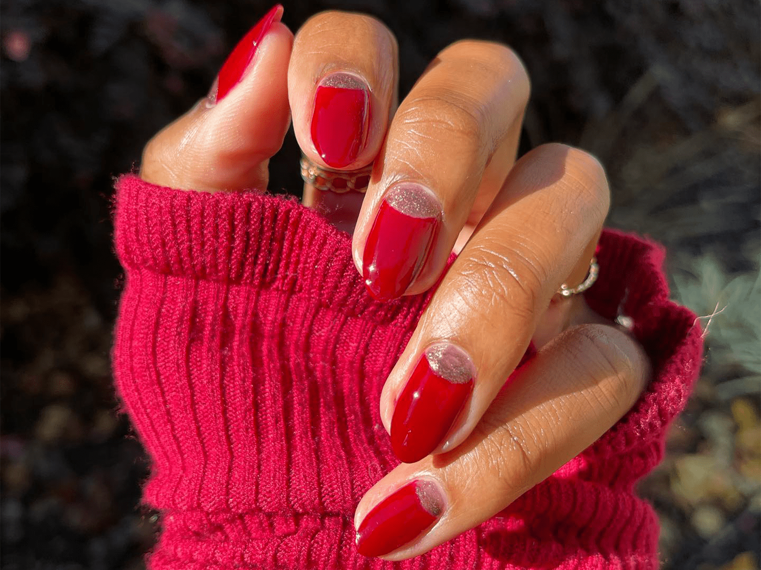 Deep Red Shimmer Base French Almond — Nails for Women Over 40