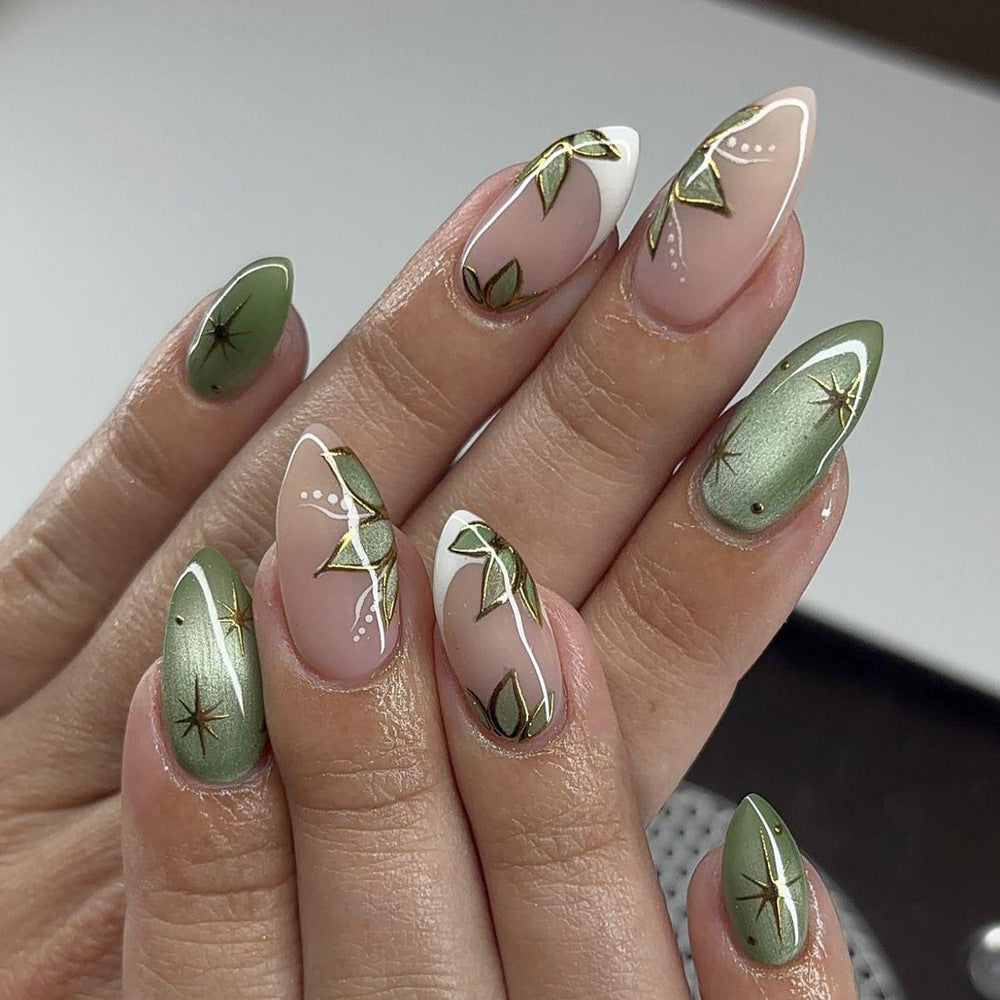 Sheer Nude with Gold Leaf Almonds Sheer Nude with Gold Leaf Almonds — Sage Green Nails
